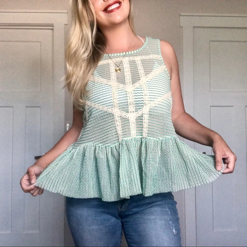 Free People Green Lace Crochet Stripe Peplum Top